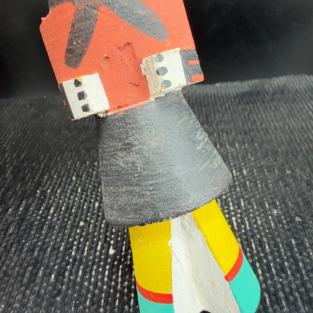 Vintage Hand Painted Wooden Mudhead Kachina Doll Yellow Feathers Folk Art Signed
